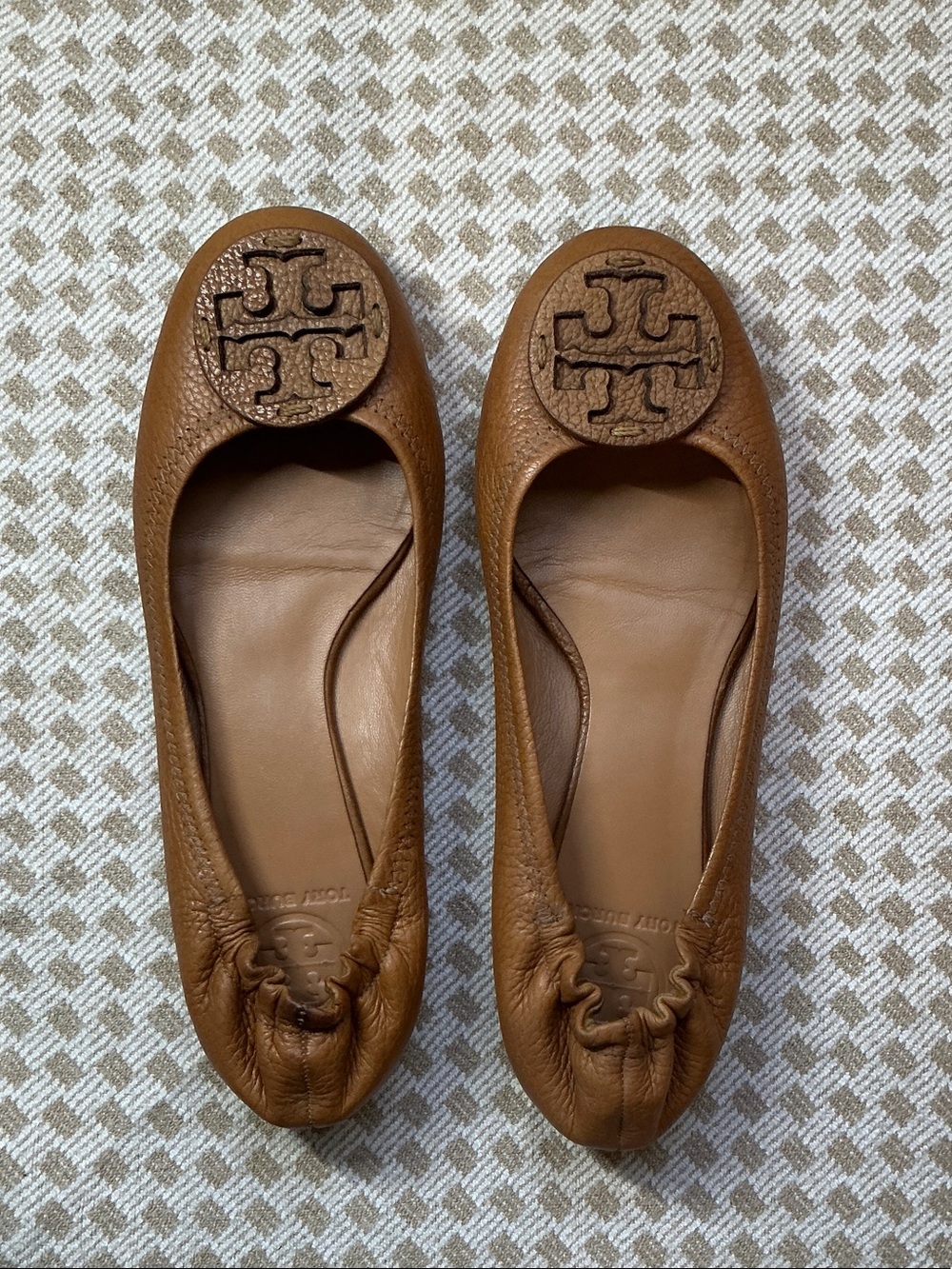 Tory Burch Tan Leather Reva Ballet Flats with Logo Medallion